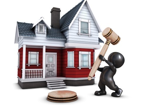 3D Render of Morph Man with house and gavel